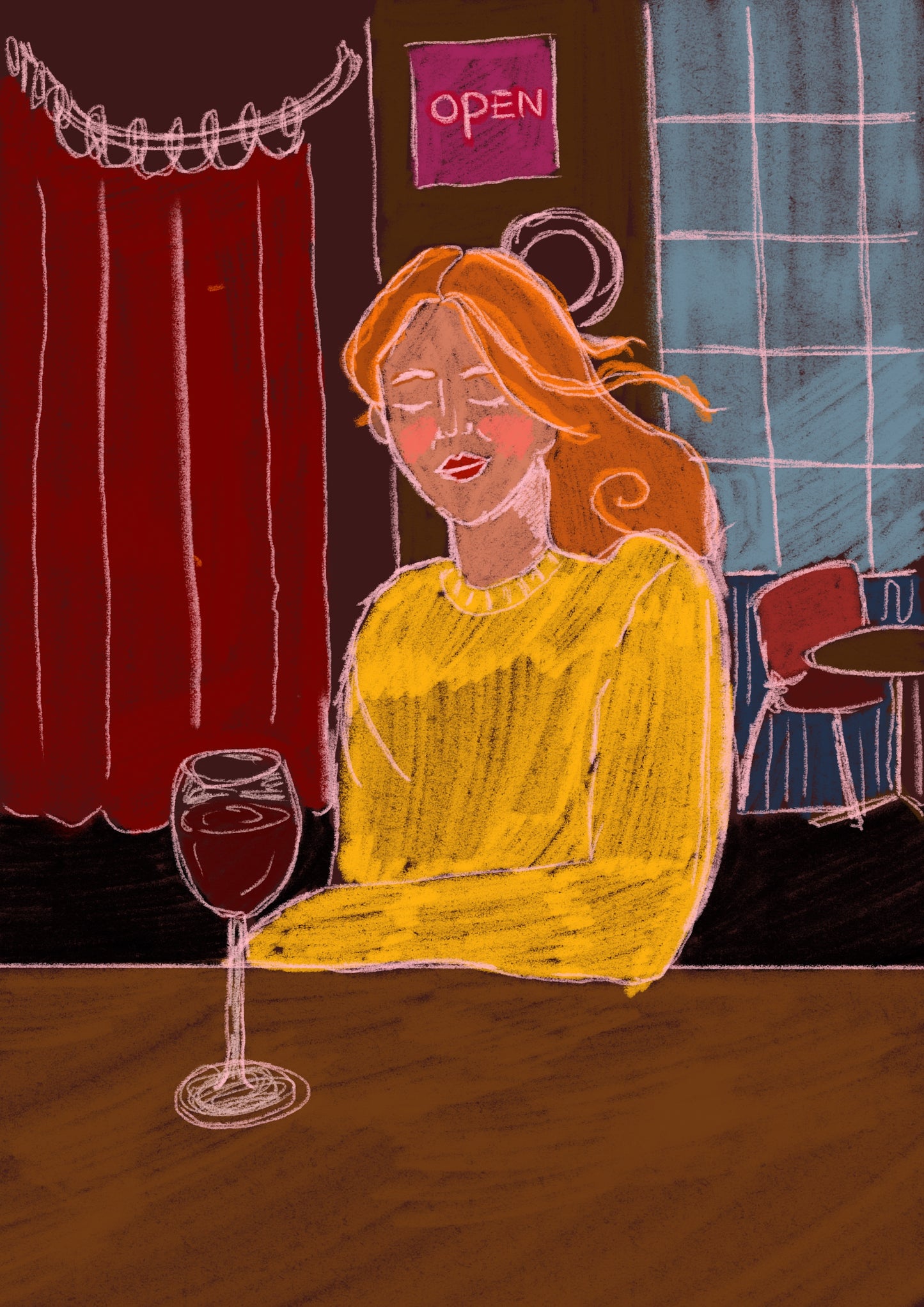 Yellow sweater in a bar, print