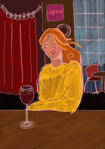 Yellow sweater in a bar, print