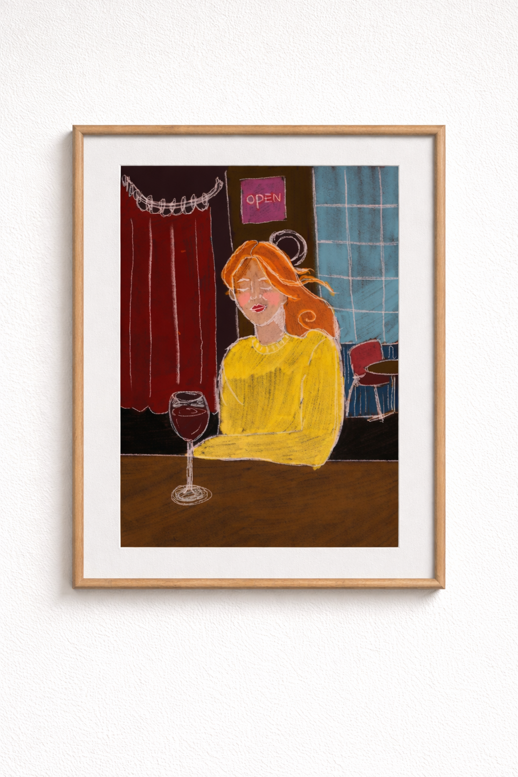 Yellow sweater in a bar, print
