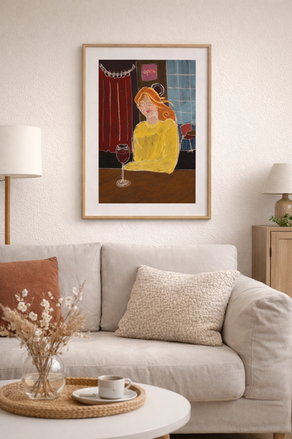 Yellow sweater in a bar, print